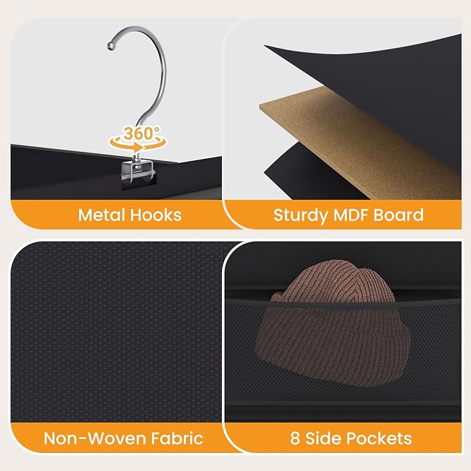YOUDENOVA Upgraded Hanging Shoe Organizer for Closet, 8-Shelf, Black | Extra Wide Design, 8 Side Pockets, Hanging Shoe Rack Hanger, Dorm Storage, Perfect for Storing Shoes, Hats, Clothes, Jeans