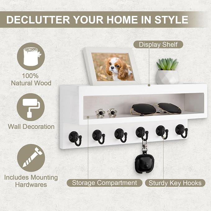 Key and Mail Holder Wall Mount, Key Hanger with Long Storage Box and 6 Hooks for Coat, Dog Leash, Home Decor Rack, House Accessories, Entry Way Organizer (White)