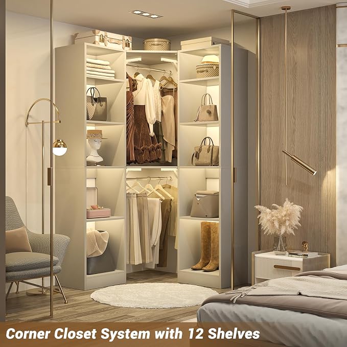 Besiost Corner Closet System with 12 Shelves, 39.2" Corner Organizer | L Shaped Closet with 2 Hanging Rods, Versatile 6-Tier Walk-in Closets for Corner Space, Grey (39.2" L x 39.2" W x 80" H)
