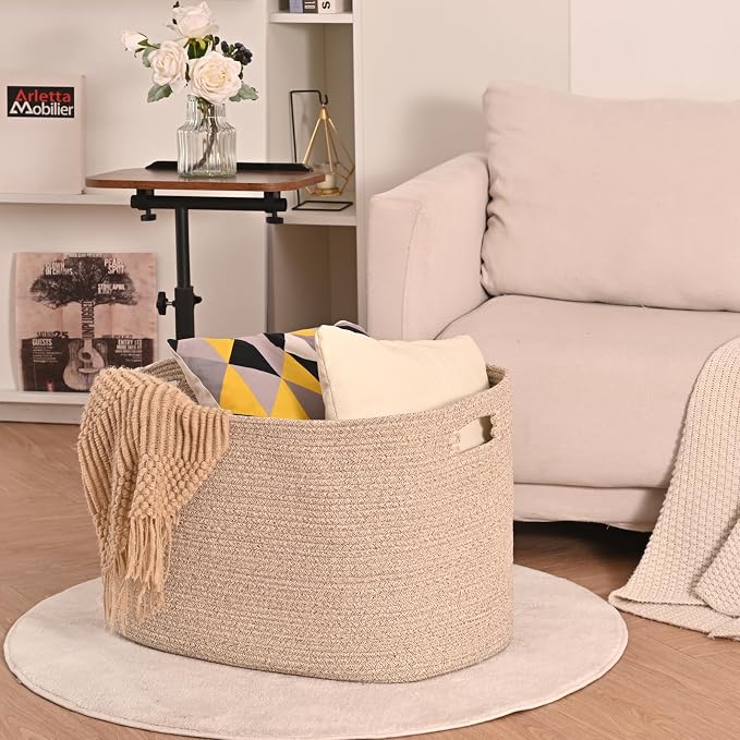 ICERZCZ Large Storage Basket for Organizing, Blanket Basket for Living Room, Large Toy Baskets for Storage, Woven Cotton Rope Baskets for Blankets, Clothes, Shoes, Brown, 25”x16”x16” (105L)