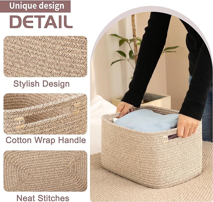 OIAHOMY 4 Pack Storage Baskets for Organizing, Cube Storage Bins for Shelves, Rectangle Storage Baskets With Handles, Woven Baskets for Storage, 12.7''Lx9''Wx7.8''H, Mixed Brown