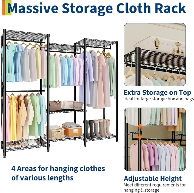 Clothes Rack, Free Standing Garment Rack for Hang Clothes, Adjustable Clothing Closet with 4 Sturdy Rods & 7 Storage Shelves, Portable Wardrobe Racks & Easy Assembly, 76.5"H x 67.6"L x 15.5"W ﻿ ﻿