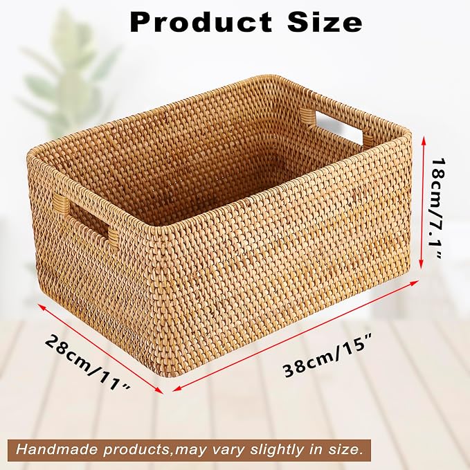 Hipiwe Rattan Wicker Storage Basket for Shelf Organizer, Large 15"x11"x7.1" | Handwoven Decorative Basket Bin with Build-in Handles, Natural Rectanguar Wardrobe Home Organizer