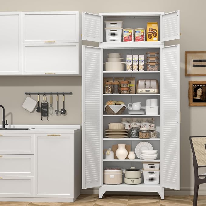 SteeLoong 90" Metal Storage Cabinet with Doors and 5 Adjustable Shelves | Kitchen Pantry Cabinet,White Tall Freestanding Cupboard with Gold Handle,Steel Garage Cabinets for Tool,Office,Kitchen,School