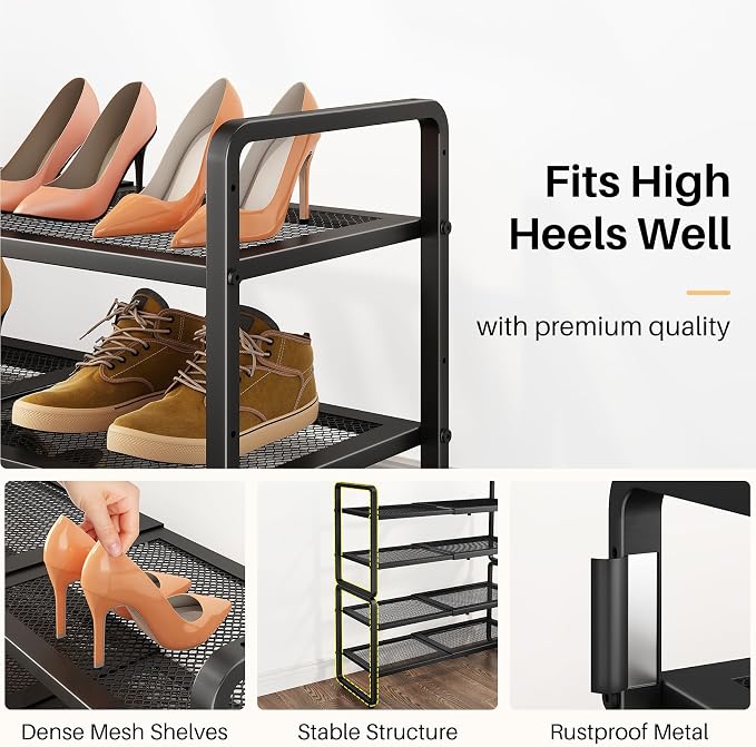 SNTD Shoe Rack - Expandable Shoe Organizer for Closet, Adjustable Metal Shoe Shelf Storage, Stackable Long Shoe Stand Holder for Garage, Entryway, Door Entrance (Black, 4-Tier)