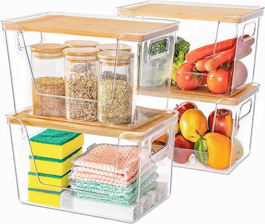 Criusia 4 Set Pantry Organizers and Storage with Bamboo Lids, Stackable Clear Bins for Onion, Potato, Fruit, Vegetables, Trash Bag Dispenser, Kitchen and Under Sink Organizer