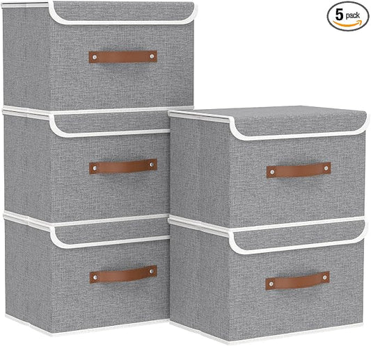 Yawinhe Storage Bins with Lids,Grey,17.7x11.8x11.8in,5-Pack | Fabric Container with Leather Handle,Washable Home Basket, Clothes Blanket Storage Boxes,Collapsible Closet Organizer