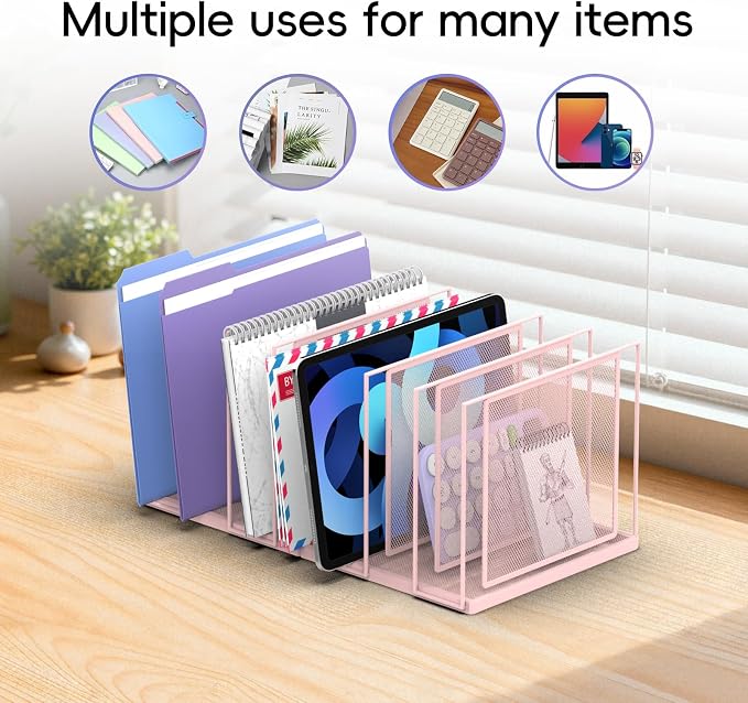 File Organizer for Desk, 7-Section Vertical File Sorter, Paper Holder Organizer Standing Metal File Folder for Office Home Classroom, Pink