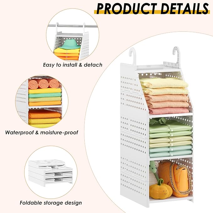 Honkazita 3-Tier Foldable Hanging Closet Organizer, White | Free-Standing Closet Hanging Organizer, For Wardrobe, Laundry Room, Plastic Hanging Closet Shelves, for Clothes, Handbags