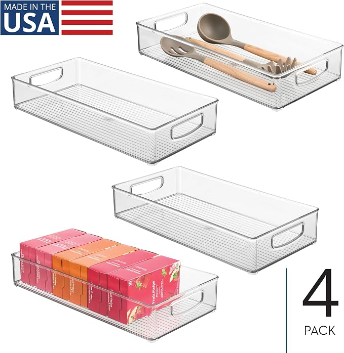 iDesign Stackable Clear Plastic Extra Long Pantry Organizers, 4-Pack | Cabinet Storage Bins, For Kitchen