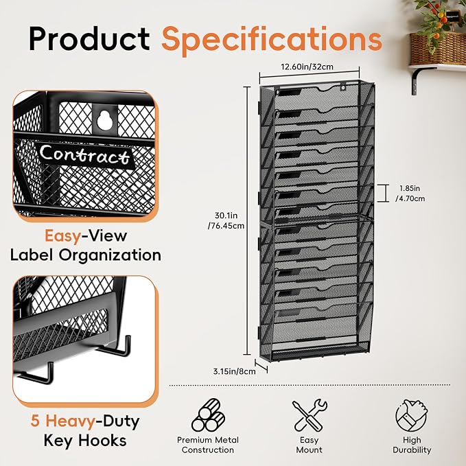 13-Tier Wall File Organizer with Hook, Hanging File Organizer Black | Wall-mounted mail storage holds papers, folders, files, clipboards and magazines, assembly required for office or home use.
