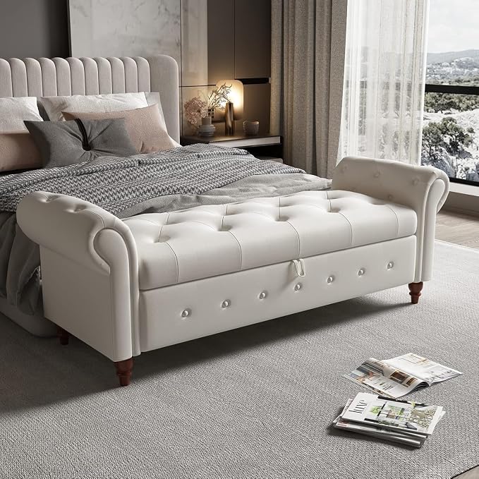 NIOIIKIT 63'' Storage Ottoman Bench, Tufted Entryway Bench Beige Polyester | Button Tufted End of Bed, Large Storage Space, Rolled Armed Ottoman Couch Long Bench for Bedroom, Living Room, Hallway
