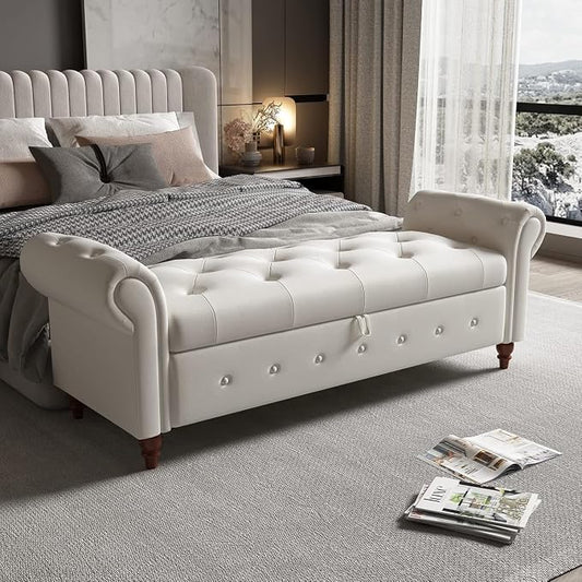 NIOIIKIT 63'' Storage Ottoman Bench, Tufted Entryway Bench Beige Polyester | Button Tufted End of Bed, Large Storage Space, Rolled Armed Ottoman Couch Long Bench for Bedroom, Living Room, Hallway