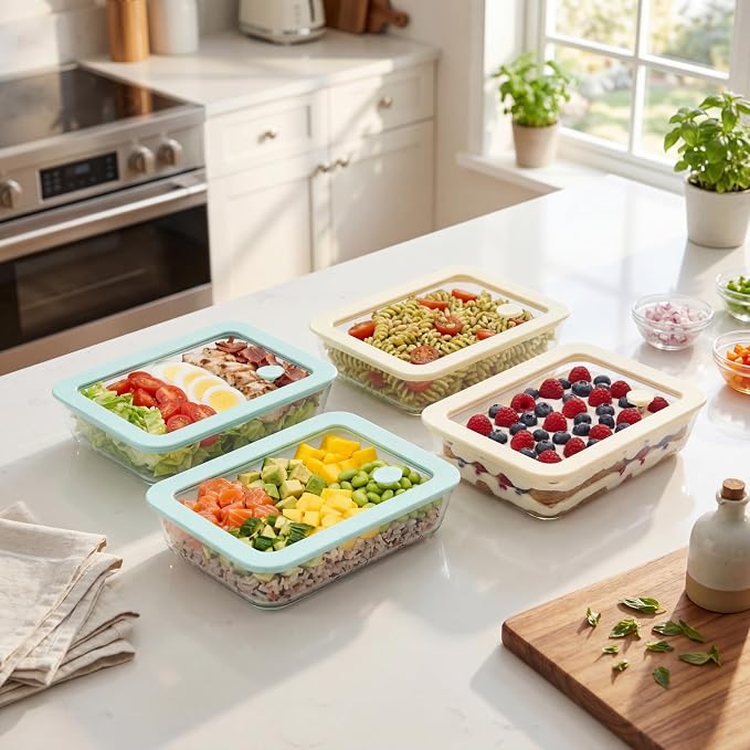 Glass Food Container Set with Glass Lid, 4 Pack, Food Storage Containers with Airtight Lid, LeakProof, 100% Plastic Free, Meal Prep Container Set