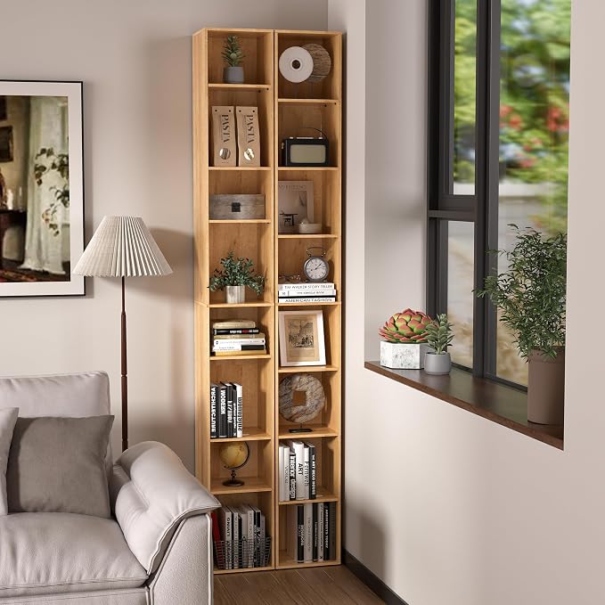 8-Cube Storage Organizer Bookcase, Oak Tall Narrow Bookshelf, Freestanding Open Cubby Storage Shelf, Display Cabinet for Living Room Bedroom Home Office