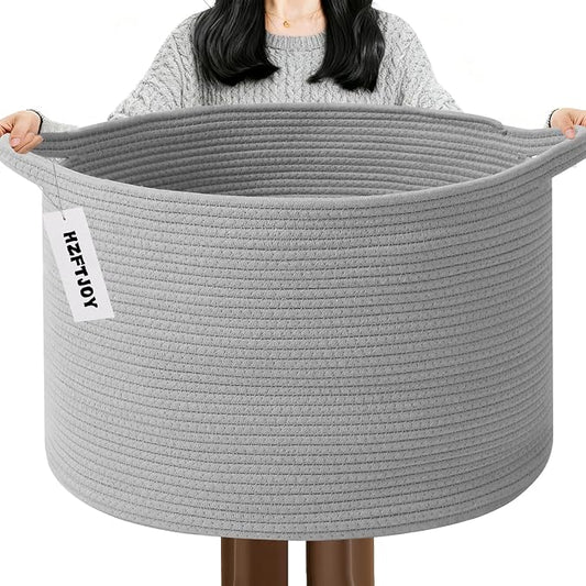 65L Large Blanket Basket,Woven Rope Laundry Basket-Light Gry | Collapsible, reinforced handles, nursery storage bin organizes clothes, toys and pillows for living room, bedroom bathroom