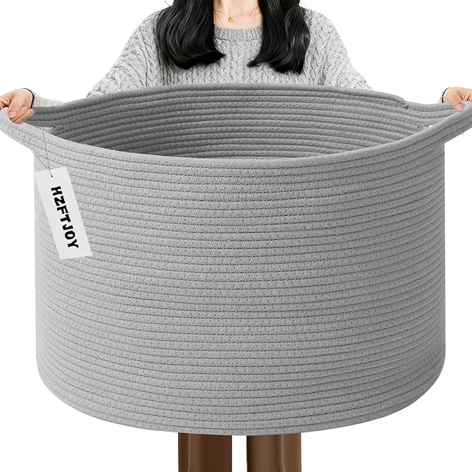 115L Extra Large Blanket Basket,Woven Laundry Basket-Light Grey | Collapsible, reinforced handles, nursery storage bin organizes clothes, toys and pillows for living room, bedroom bathroom