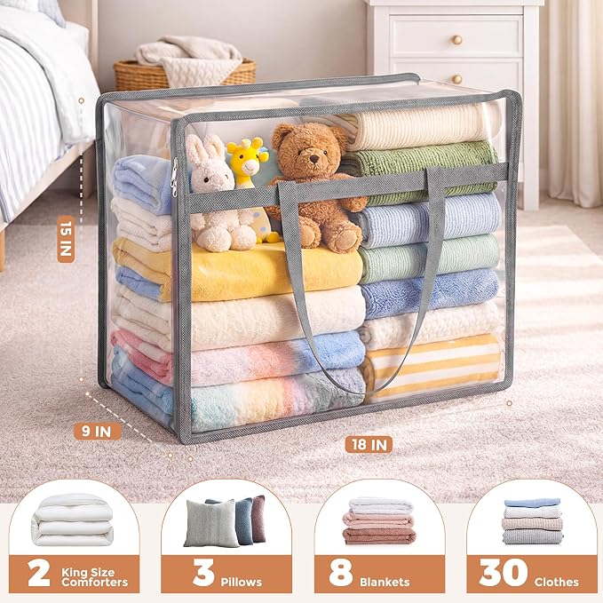 6 Pack Clear Storage Bags for Clothes, 40L Closet Organizers and Storage | Plastic storage with zipper and handle, moving bags, under-bed storage, closet organizer for blankets, comforters, toys