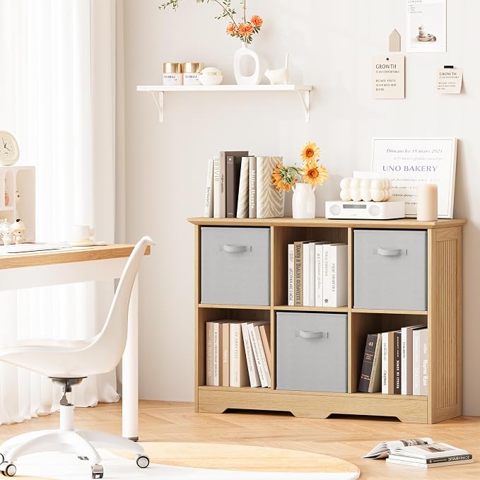 6 Cube Storage Organizer Shelf, Wood Cubby Storage with 3 Fabric Drawers | 2 Tier Wooden Bookshelf with 2 Adjustable Shelves, Fluted Side Panels Bookcase for Bedroom, Living Room, Home Office, Wood