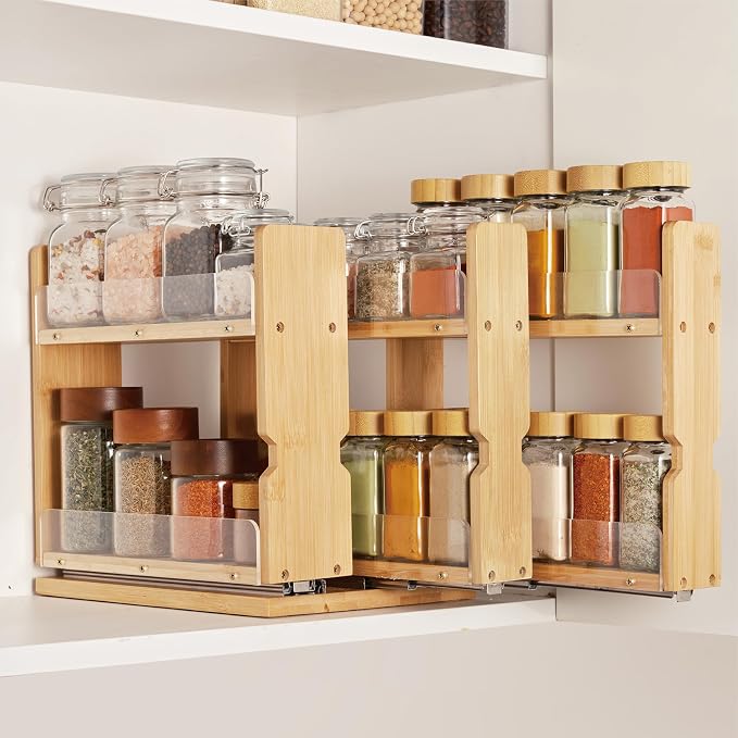Bamboo Pull Out Spice Rack Organizer for Cabinet, 3 Slide-Out Drawers(2"&3") with Wide Drawer for Large Bottles, Kitchen Pantry Heavy-Duty Sliding Vertical Organization, 8.6"W,2-Tier,Natural