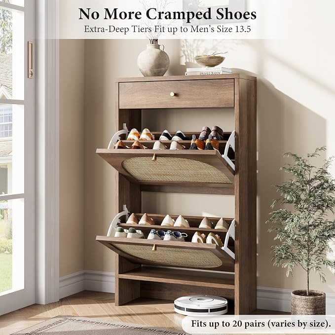 Nicetree Shoe Cabinet for Entryway, Slim Shoe Rack with 2 Flip Drawers and Top Storage Drawer, Narrow Shoe Organizer with Printed Rattan-Look Design, Entryway Shoe Storage for Size 12 Shoes, Caramel