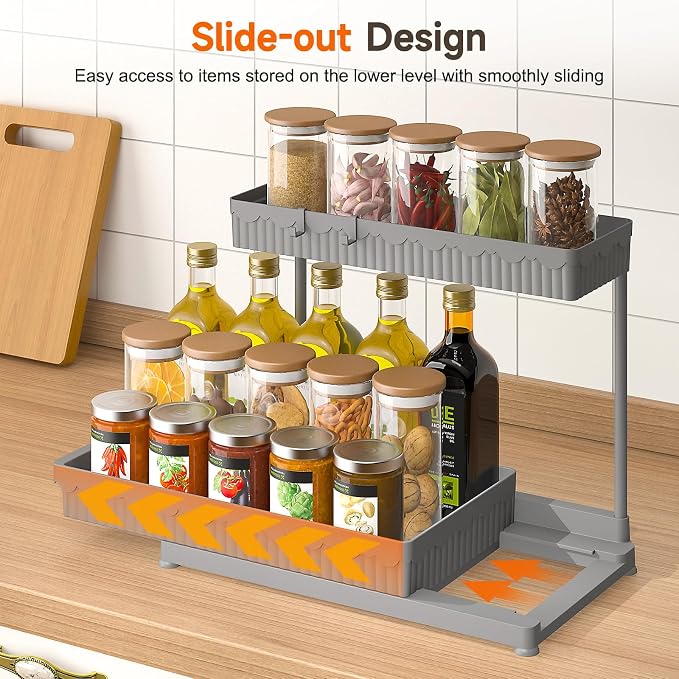 Sevenblue 3-Pack 2-Tier L-Shaped Under Sink Organizers with Sliding Drawers | Multi-use kitchen & bathroom storage, 12.85 inch grey cabinet organizer, space-saving sliding drawer design.