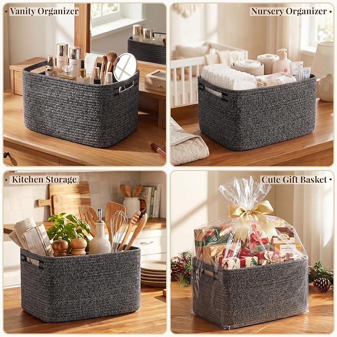 OIASKET 4Packs Natural Cotton Rope Storage Baskets for Organizing Toys, Clothes, Towels & Books, Soft Versatile Organizers for Shelves, Home Decorative Bins, 13''Lx9''Wx7.8''H, Black and White