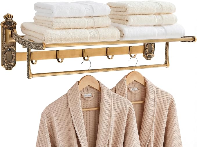 Brass Foldable Towel Rack with Hooks, Foldable Wall Mounted Bathroom Shelf Towel Bars Antique Gold Aluminum Rail Holder for Bathroom, Entryway, and Kitchen(2-Tier European Style,24")