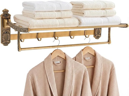 Brass Foldable Towel Rack with Hooks, Foldable Wall Mounted Bathroom Shelf Towel Bars Antique Gold Aluminum Rail Holder for Bathroom, Entryway, and Kitchen(2-Tier European Style,24")