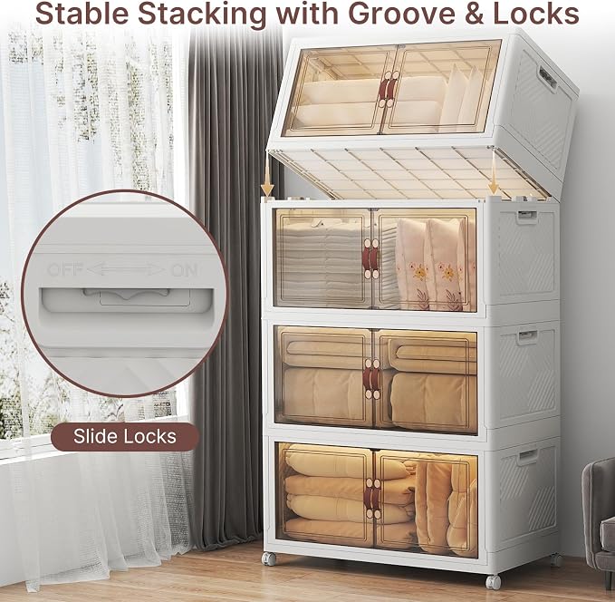 UAMFURI Stackable Storage Bins with Lids, 720QT Lockable Storage Cabinet | Folding Storage Box with Doors and Wheels, Collapsible Plastic Drawers for Home, Garage, Office