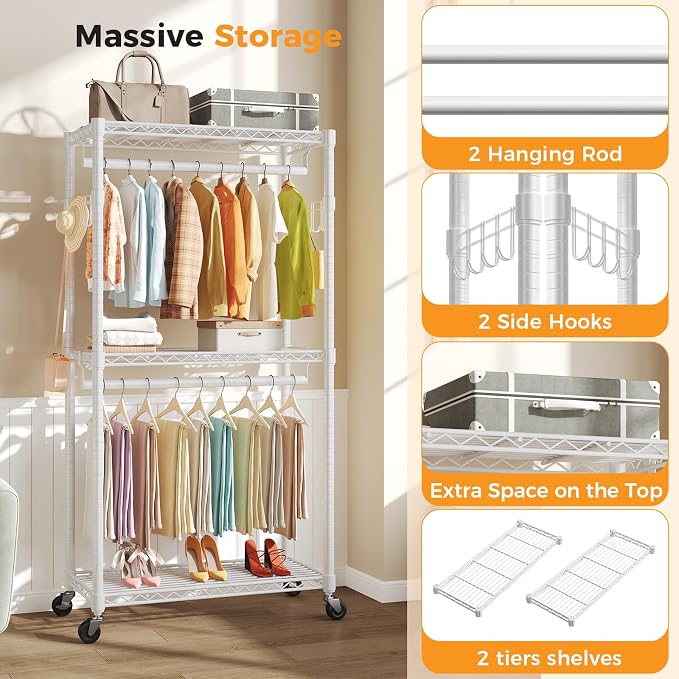 OLIXIS Clothes Rack Heavy Duty Adjustable Garment Clothing Rack with Wheels, Rolling Metal Freestanding Closet Organizer for Hanging Clothes with 2 Side Hooks, Double Rods, 35" x 15" x 75", White