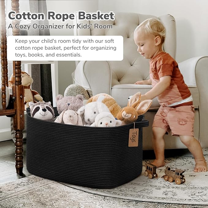 Goodpick Extra Large Woven Blanket Baskets, Cotton Rope, Black | 75L, 22 × 17 × 12 in, Reinforced Handles, Nursery Essentials Organization, Blankets, Pillows, Toys & Clothes Storage