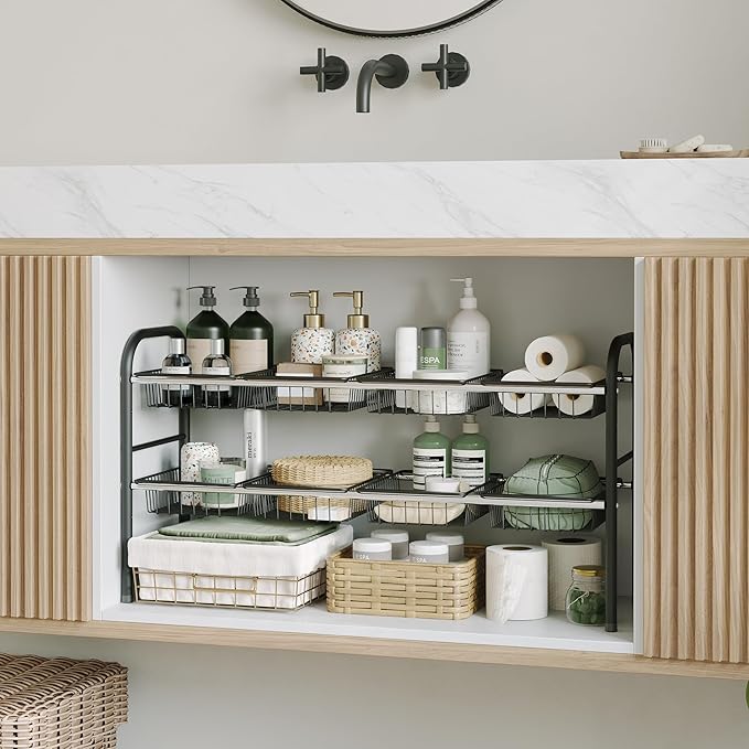 Under Sink Organizers and Storage,Expandable under cabinet organizer Shelf | 2 tier expandable shelf for kitchen and bathroom,8 Baskets,Adjustable partition height,20.7-32.3" W