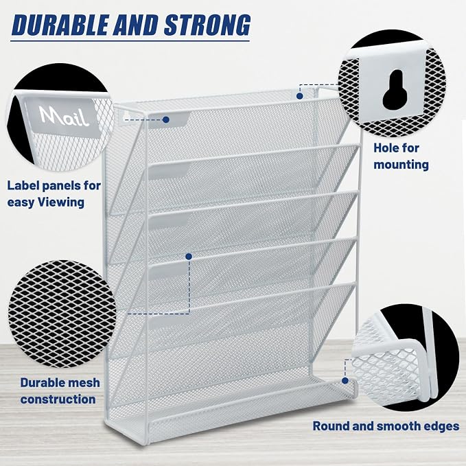 EASEPRES Desk File Organizer Mesh 6-Tier, Hanging Wall Mount Document Organization Stand, Desktop Vertical Mail Paper Folder Holder Rack with Bottom Tray for Office Home Cubicle Countertop, White