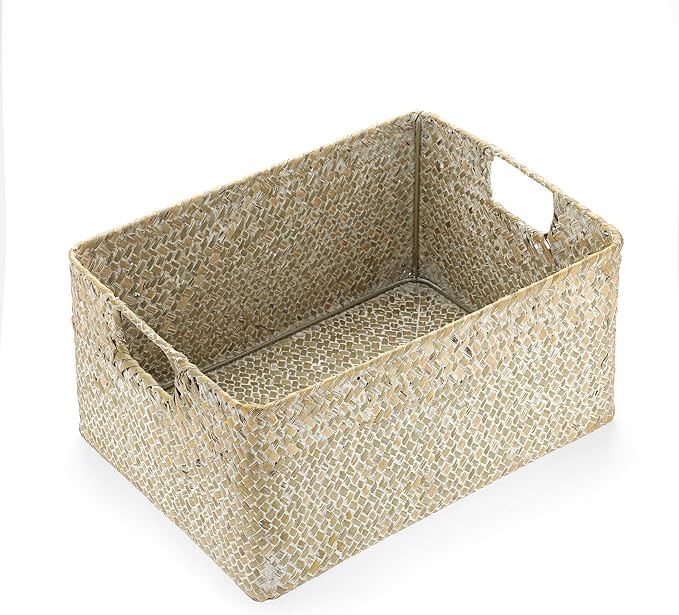 Hipiwe Seagrass Storage Basket Bin Rectangular Handwoven Wicker Storage Box with Handle Opened Baskets for Shelf Organizing Closet Bathroom, 13.3 x 9.8 x 6.7 Inch