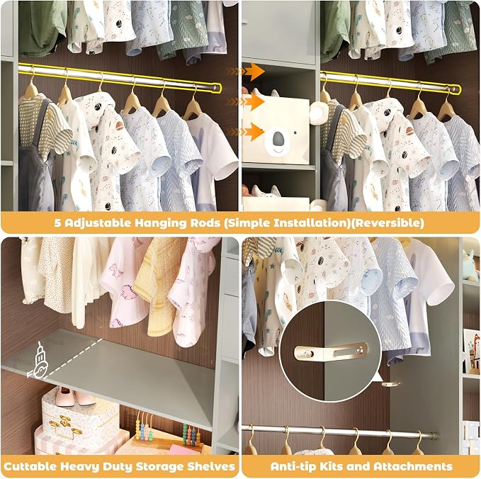 Besiost Closet System - 8FT Closet Organizer System with Wooden Drawers, 96" Closet Systems for Walk-In Closets with Cuttable Hanging Shelving, Green
