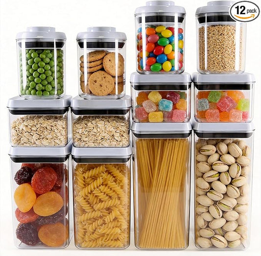 Pop Push Button Airtight Food Storage Containers 12 Pack | 4 Sizes: 0.65/0.7/1.8/2.4Qt, BPA-Free Clear Canisters for Pantry, Pasta, Cereal, Snacks, Coffee, Pet Food, Fridge