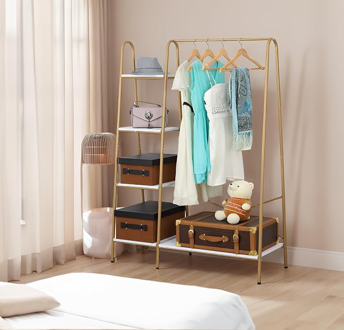 Finnhomy Clothes Rack, Clothing Rack for Hanging Clothes Heavy Duty Garment Rack with 5 Wood Shelves Freestanding Portable Closet Organizer for Bedroom/Entryway/Boutiques，Gold