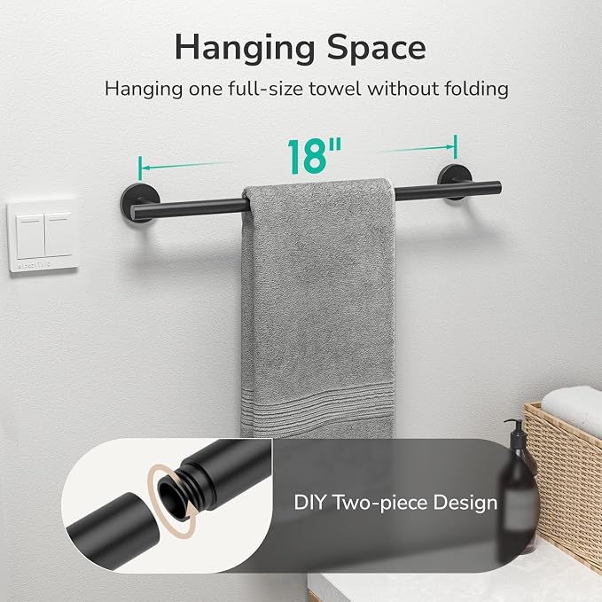 USHOWER Matte Black Towel Bar, 18-Inch Towel Racks for Bathroom | Thicken SUS304 Stainless Steel Towel Rod, Towel Holder Wall-Mounted, Modern Home Decor (Total Length 20-Inch)