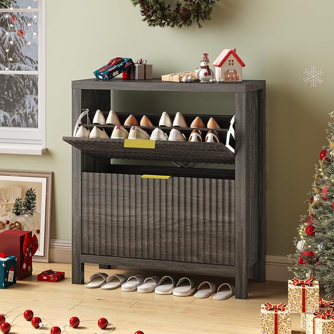Fluted Shoe Cabinet Storage with 2 Flip Drawers for Entryway, Hallway | Narrow Shoe Rack Freestanding Shoe Organizer with Legs for Entryway，Hallway, Dark Gray