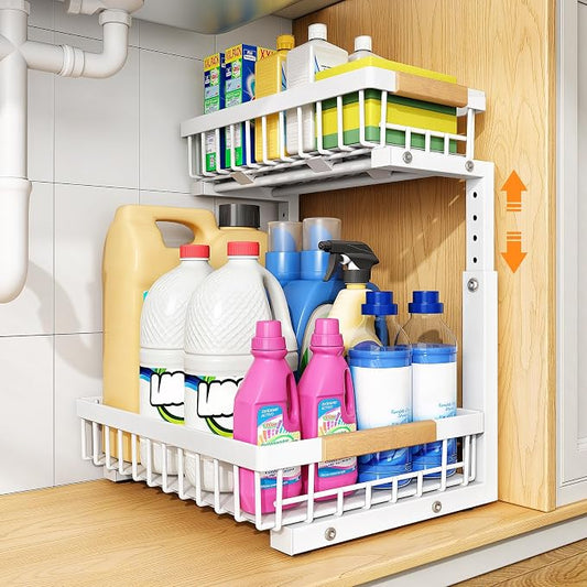 PXRACK Under Sink Organizer, Adjustable Height, 2 Tier Pull Out Under Cabinet Organizer, Slide Out Thickened Metal Under Sink Storage for Kitchen Bathroom Laundry Pantry Cabinet, White, Large-1-Pack