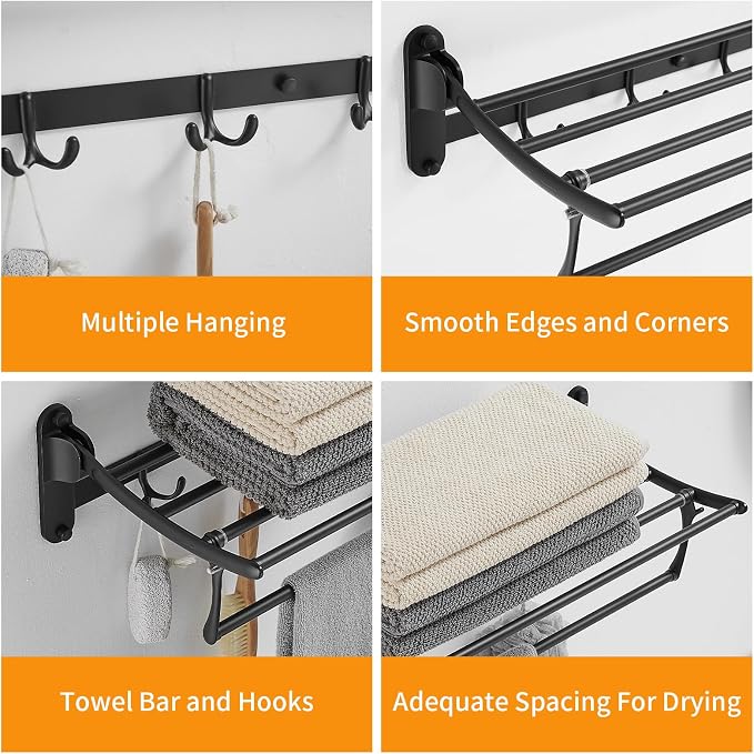 24 Inch Matte Black Towel Racks, Bathroom Towel Shelf with Foldable Towel Bar Holder and Towel Hooks, Wall Mounted Multifunctional Bathroom Accessories, Double Towel Bars