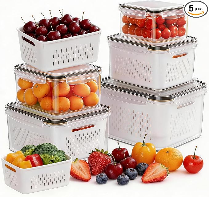 5 Pack Fruit Storage Containers for Fridge, Plastic Fruit Containers Set | with Removable Colanders, Leakproof Fridge Organizers and Storage for Berry Vegetables Salad Lettuce Meat, Dishwasher Safe