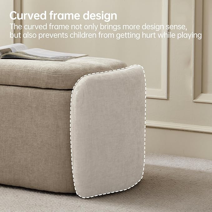 VKNOW Storage Bench, Upholstered Storage Ottoman Bench with Hinge, Khaki | Ottoman Bench with Large Capacity, Curved Frame, Soft Fabric, Storage Bench for Bedroom, Living Room, Entryway, Window