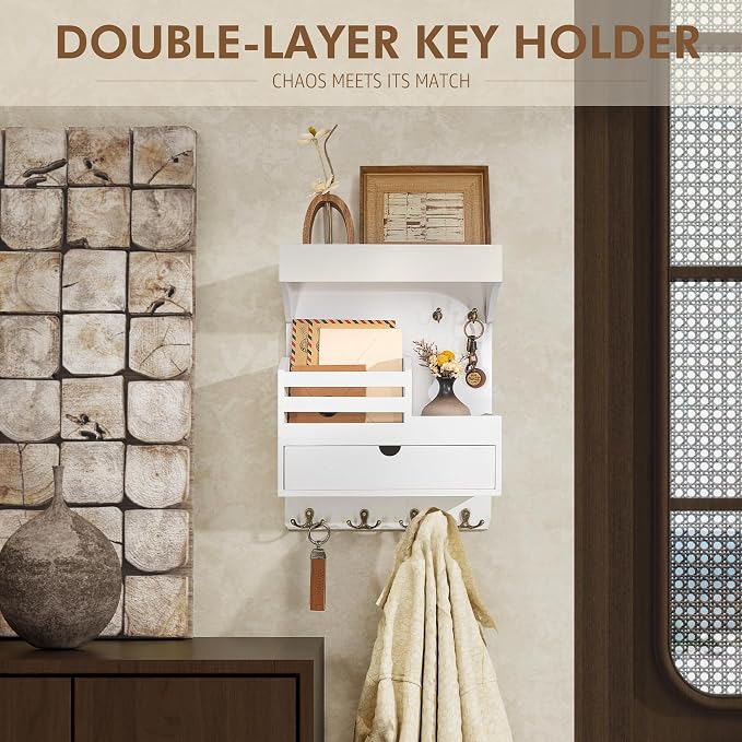 Rebee Vision Key Holder Wall Mount with Drawer & Shelf for Entryway, White | Pine Wood, Key Holder for Wall, 6 Sturdy Key Hooks, Wall Shelf, Drawer Organizer, Modern Home Decor, Decorative Storage
