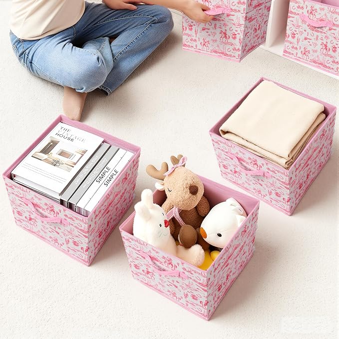 6 Pcs Pink Western Cube Storage Bins 12.5 Inch Cowgirl Storage Basket with Handle, Preppy Girls Organizer Basket, Collapsible Fabric Box for Classroom Bedrooms Office Home Decoration (Pink western)
