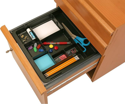 Officemate Expandable Drawer Organizer Tray, Adjustable 10.3"–16" Width, Customizable Compartments with Dividers, Recycled Plastic, Black