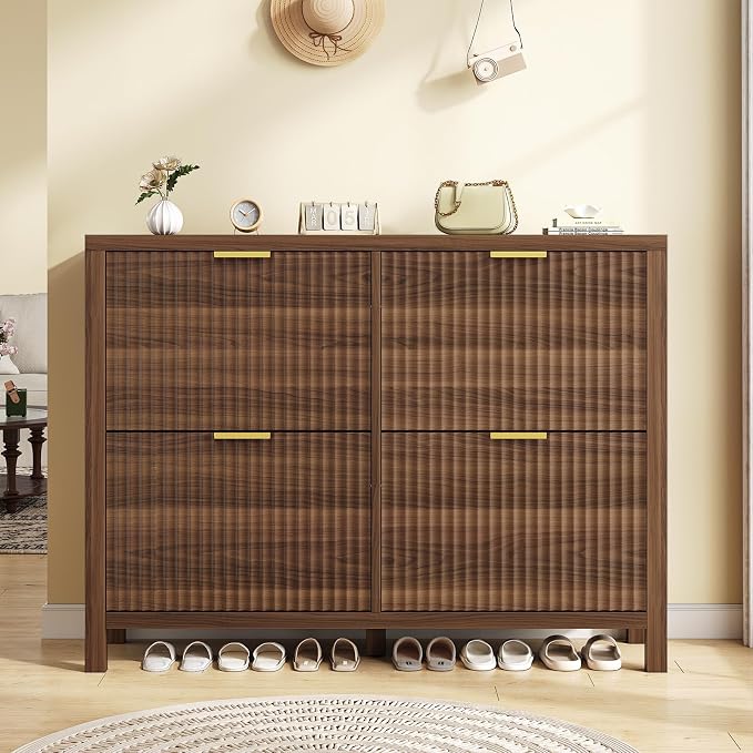 47" Fluted Shoe Cabinet Stoarge with 4 Flip Drawers for Entryway, Hallway | Hidden Shoe Rack Slim Freestanding Shoe Organizer with Legs for Hallway, Living Room, Walnut