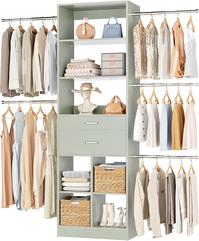 Small Closet System, 3.2-6.8FT Small Closet Organizer with 2 Wooden Drawers & 5 Hanging Rods, Can Fit 37.5 to 81.9 inch Walk-in Closet System, Built-in, Crab Green, Enclosed Storage Volume 2.32 ft³
