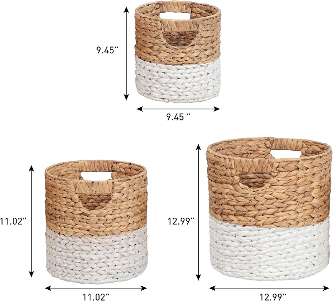 happimess Avery 3-Piece Cylinder Nesting Baskets 13", White/Natural | Hyacinth, Bohemian Cottage Style, Handwoven Wicker, Iron Metal Frame, Decorative Storage For Toys And Books, Built In Handles